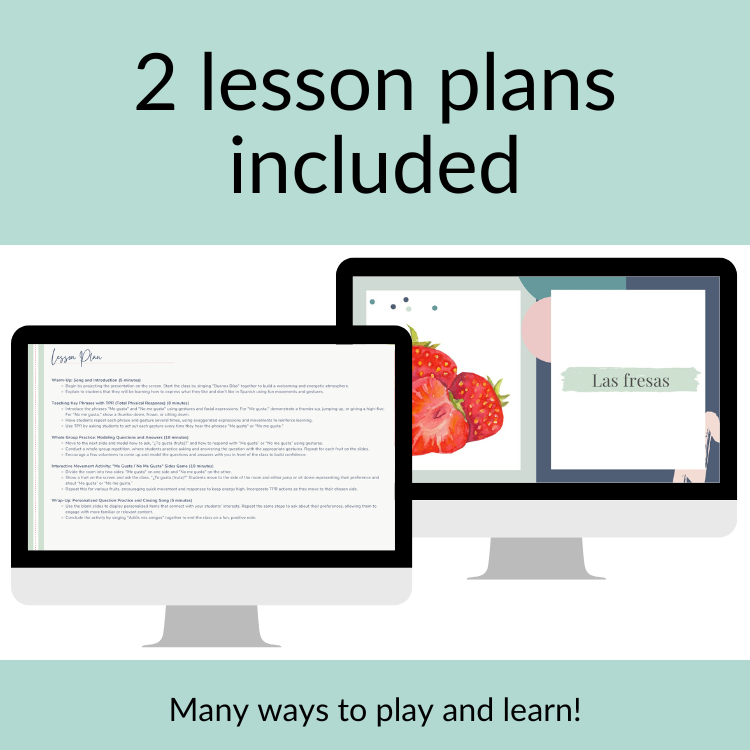 Two computer screens showing Spanish lesson plans and a vocabulary slide labeled “Las fresas.”
