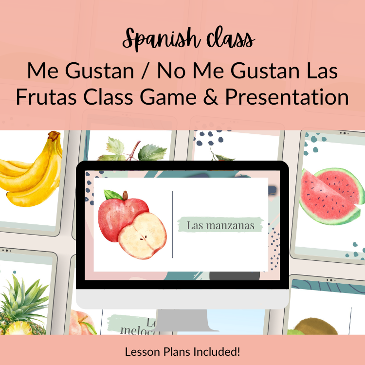 Computer screen showing Spanish fruit slides labeled “Las manzanas” with watercolor illustrations.