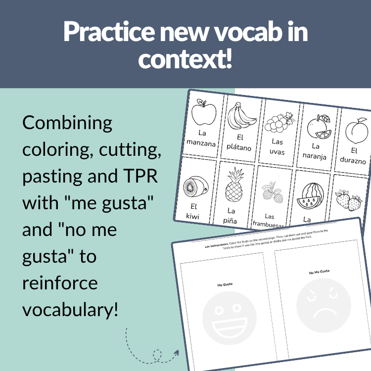 Spanish cut and paste worksheet featuring fruit vocabulary like la manzana and el plátano. Students combine coloring, cutting, and gluing with me gusta and no me gusta expressions to build vocabulary through movement and TPR.