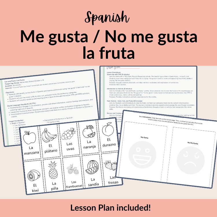 Printable Spanish lesson plan and worksheets featuring me gusta / no me gusta sorting pages and fruit vocabulary cards like la manzana, las fresas, and la sandía.
