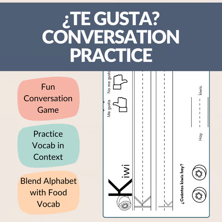 Worksheet and graphic titled “¿Te gusta? Conversation Practice” featuring a Spanish alphabet and food vocabulary tracing sheet for the word kiwi with Me gusta / No me gusta options.