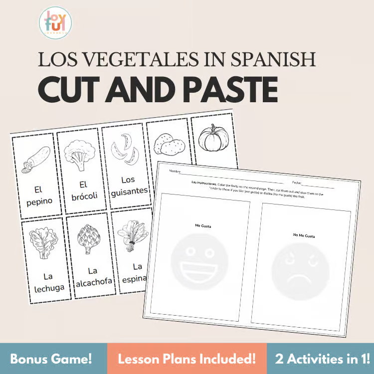 Spanish “Los Vegetales” cut and paste worksheet showing vegetable flashcards and a sorting page for Me Gusta / No Me Gusta with labels and simple line drawings.