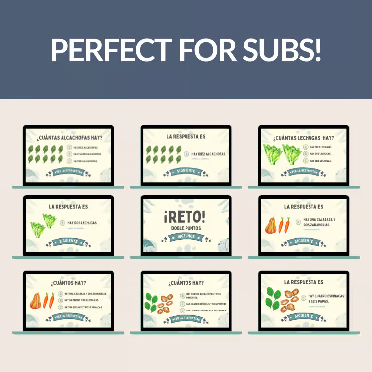 Collage of Spanish slides from the “Los Vegetales” unit featuring questions and answers like ¿Cuántas alcachofas hay? and La respuesta es... with colorful vegetable graphics.